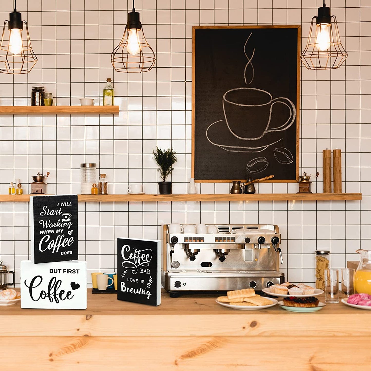 6 Pcs Wooden Mini Coffee Bar Sign Farmhouse Coffee Bar Decor Rustic But First Coffee Sign Love Is Brewing Coffee Table Sign Vintage Coffee Wood Plaque for Coffee Tiered Tray Decor Home Decorations