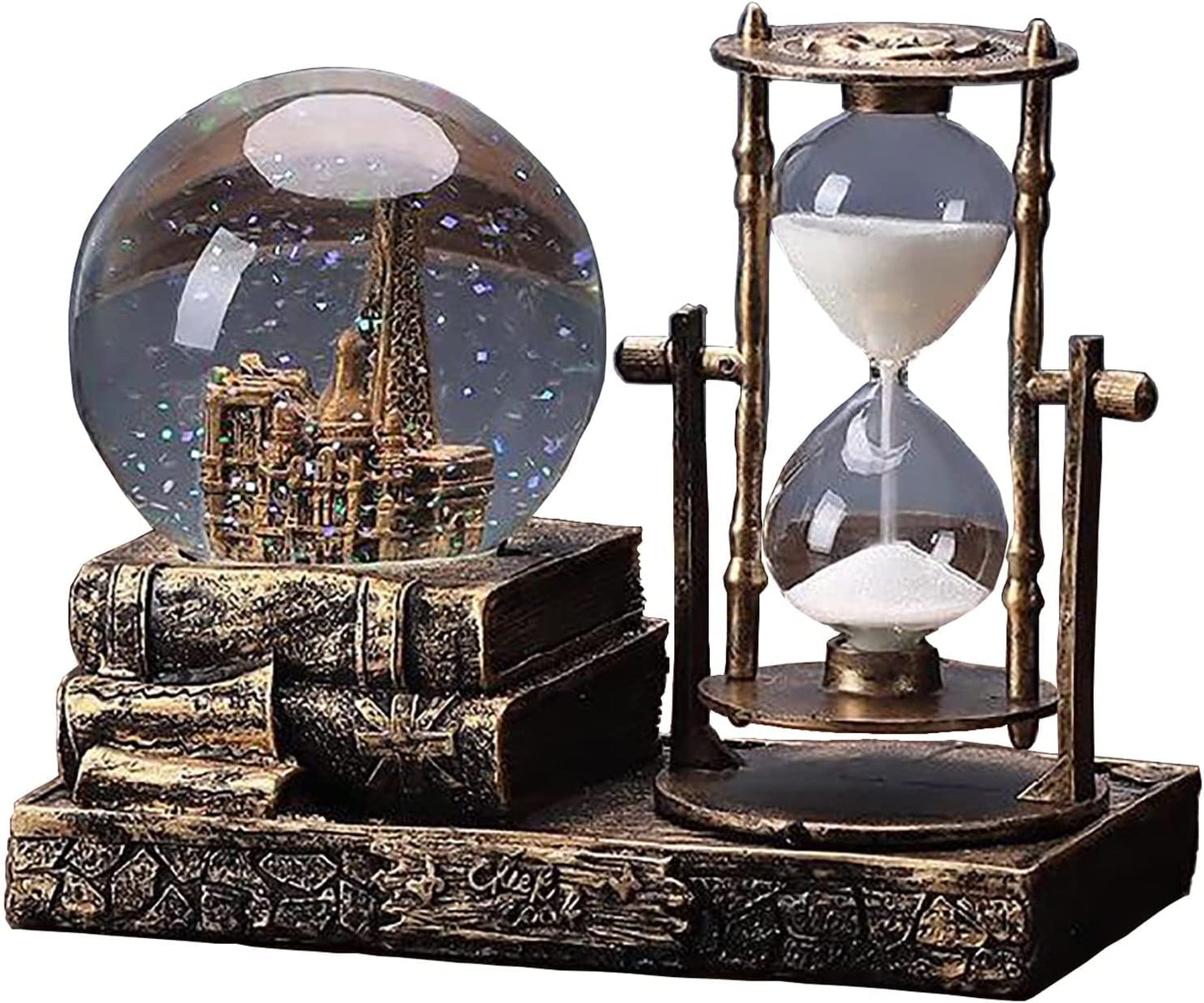 LED Music Crystal Snow Globe with Hourglass Timer Home Decoration for Living Room Bedroom Book Shelf TV Cabinet Desktop Decor Statue Figurine Table Centerpieces Ornaments(A Brass)