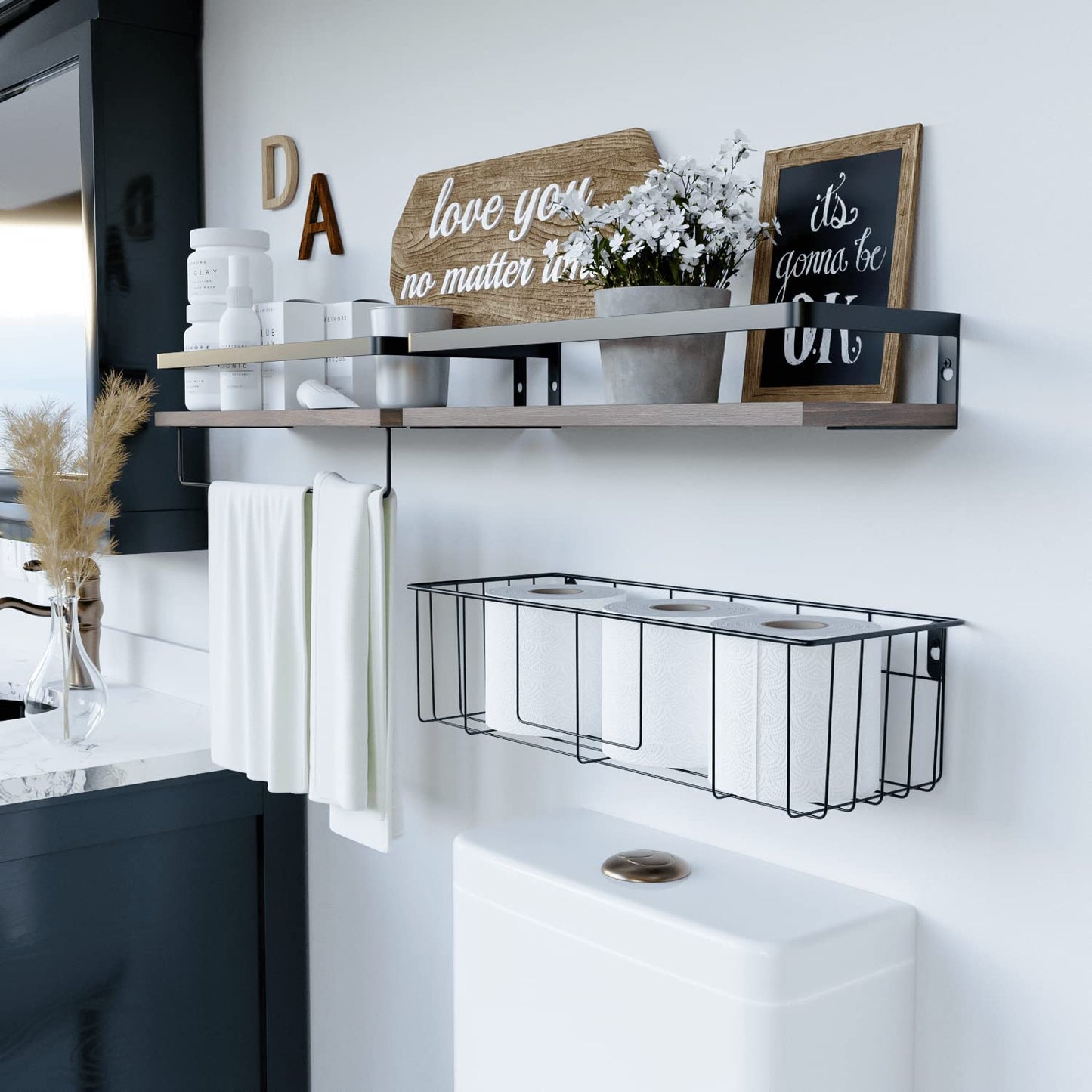 Floating Shelves with Toilet Paper Basket Set, Rustic Wall Shelves with Removable Towel Bar, Farmhouse Floating Bathroom Shelves for Kitchen and Bedroom - Rustic Brown