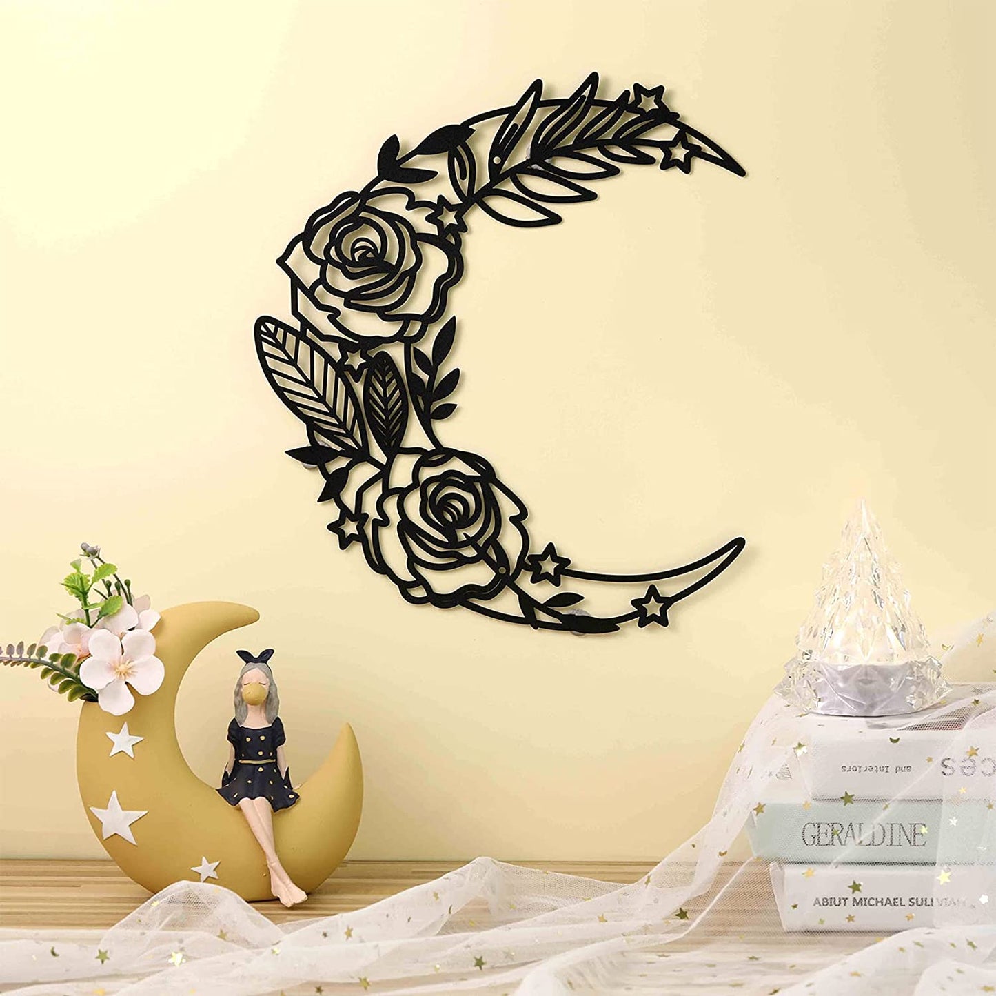 Moon Phase Wall Art Boho Moon Wall Home Decor Hanging Moon Home Decor Moon Appearance Wall Decor Metal Wall Hanging Moon Decor Moon Flower Wall Art Decoration for Living Room Bedroom Home Wall (Black)