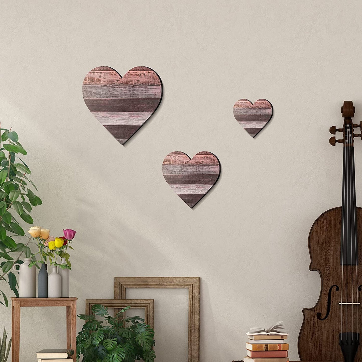 3 Pcs Heart Shaped Wood Sign Buffalo Plaid Decor for Kitchen Bedroom Bathroom Living Room Wooden Heart Wall Sign Rustic Hanging Plaque Christmas Decor, 3 Sizes (Red Brown Wood Grain)