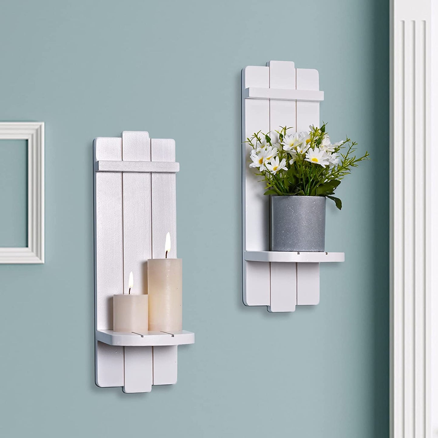Wall Decor Set of 2, Wall Candle Holder Rustic Home Decor, Farmhouse Wall Art Floating Candle Sconces Shelf White Wall Decorations for Living Room, Dining Room, Bedroom, Bathroom