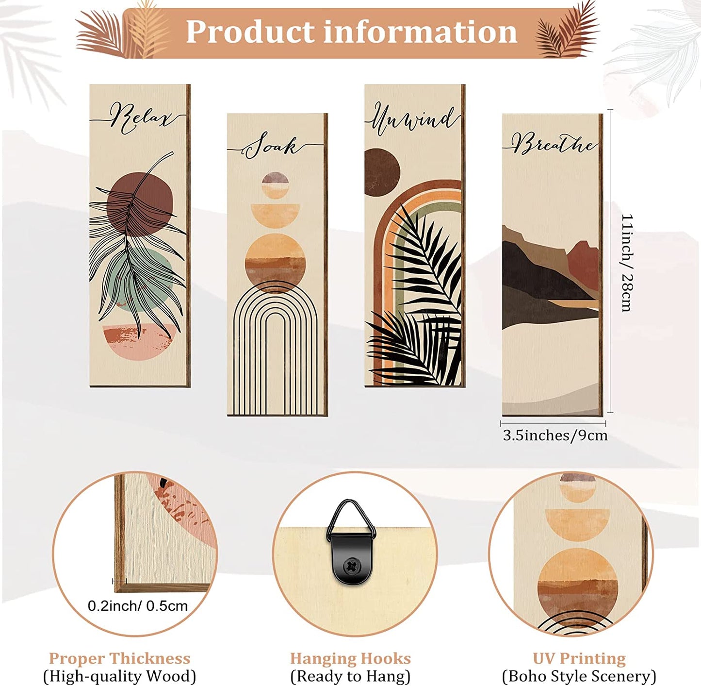 Unwind Breathe Sign Decors Bathroom Wall Arts Abstract Boho Wooden Wall Painting Mid Century Minimalist Botanical Rustic Plaque (11 x 3.5 Inch)