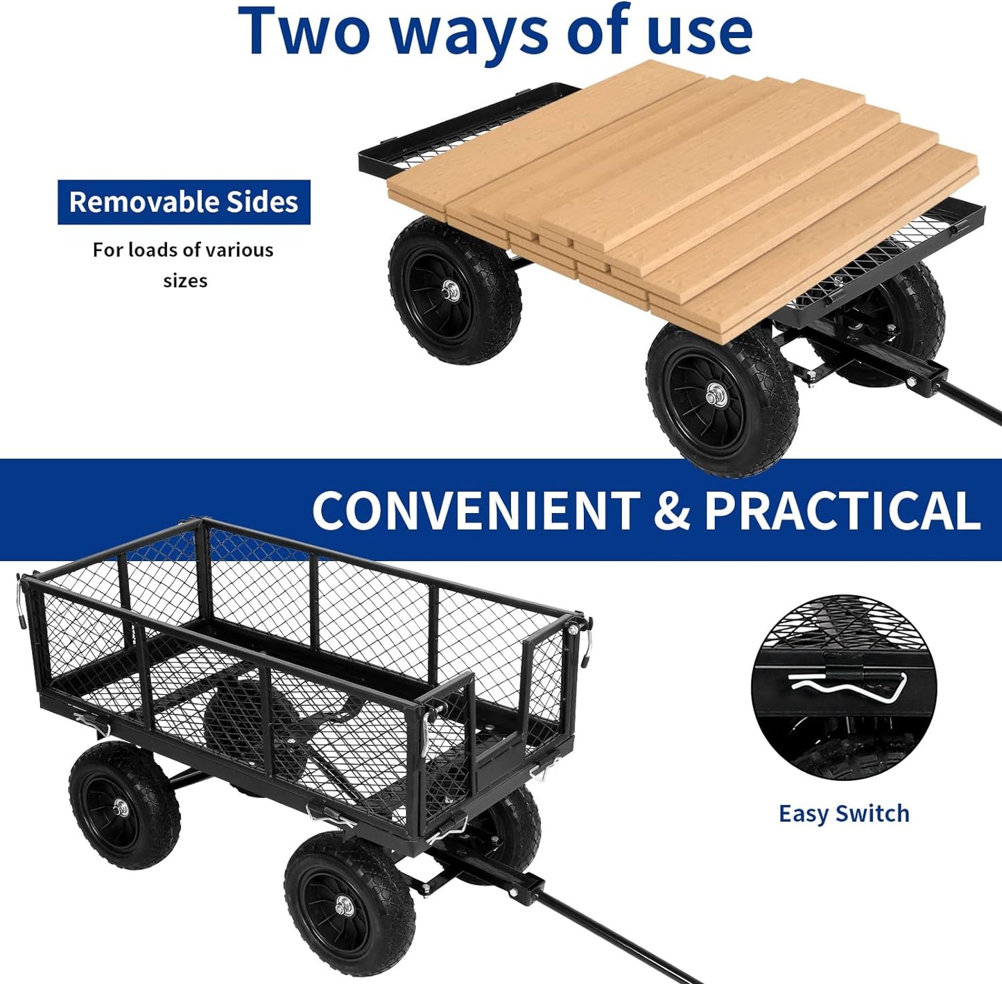 400 lbs 10" Flat Free Tires Steel Garden Cart with 180° Rotating Handle and Removable Sides, 4 Cu.Ft Capacity Utility Heavy Duty Garden Carts and Wagons