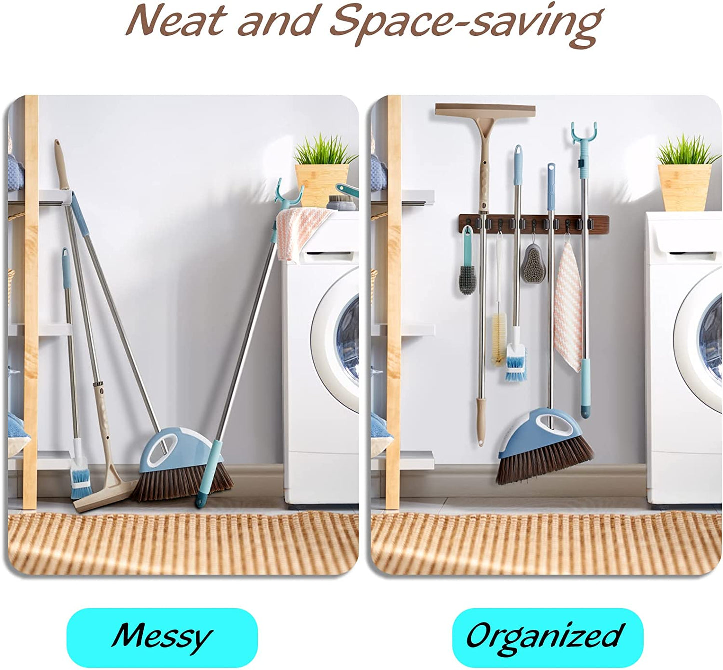 Mop Broom Holder Wall Mount Wood Broom Mop Hanger - Wall Mounted Garden Tool Rack Organizer for Closet Garage Laundry Room Kitchen Decor With 4 Slots & 4 Hooks