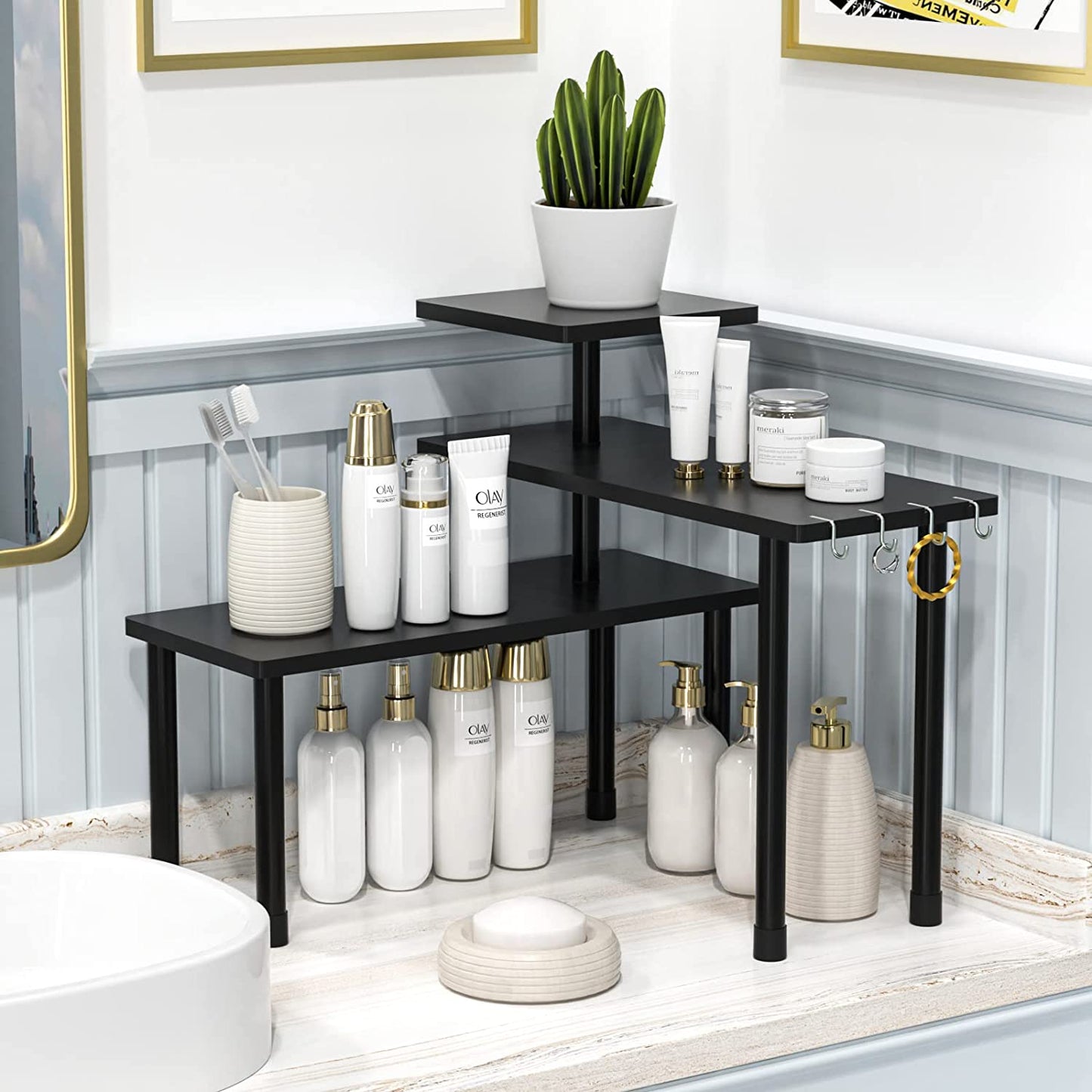 Bathroom Organizer Countertop Bathroom Shelf, 3 Tier Corner Shelf Moveable Bamboo Organizer for Make Up, Dresser Table, Bathroom countertop, Desktop Shelf (Black)