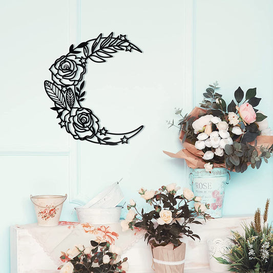 Moon Phase Wall Art Boho Moon Wall Home Decor Hanging Moon Home Decor Moon Appearance Wall Decor Metal Wall Hanging Moon Decor Moon Flower Wall Art Decoration for Living Room Bedroom Home Wall (Black)