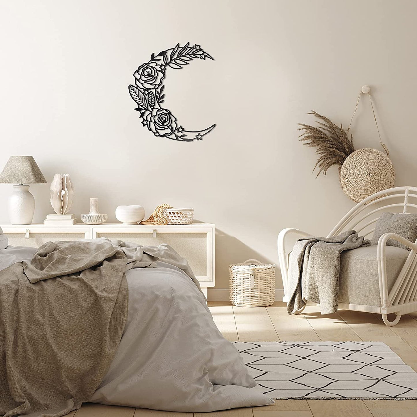 Moon Phase Wall Art Boho Moon Wall Home Decor Hanging Moon Home Decor Moon Appearance Wall Decor Metal Wall Hanging Moon Decor Moon Flower Wall Art Decoration for Living Room Bedroom Home Wall (Black)