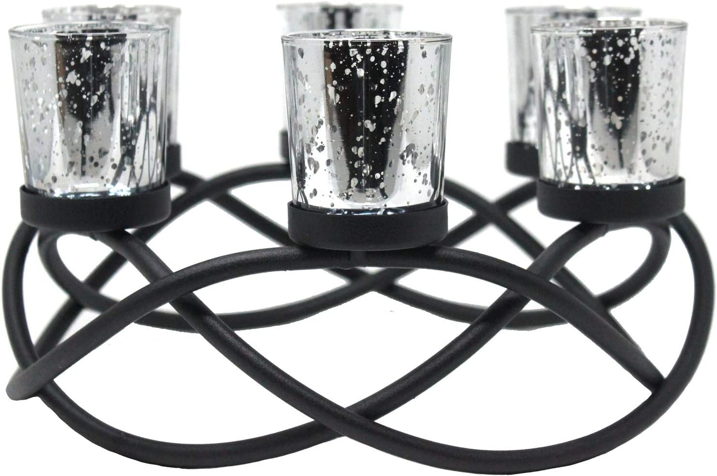 Iron Circular Table Centerpiece Decorations Candle Holder for Weddings, Patio, Kitchen, Dining Room, and Coffee Tables, Glass Votive Tealight Holders, Black, 6 Silver Cups
