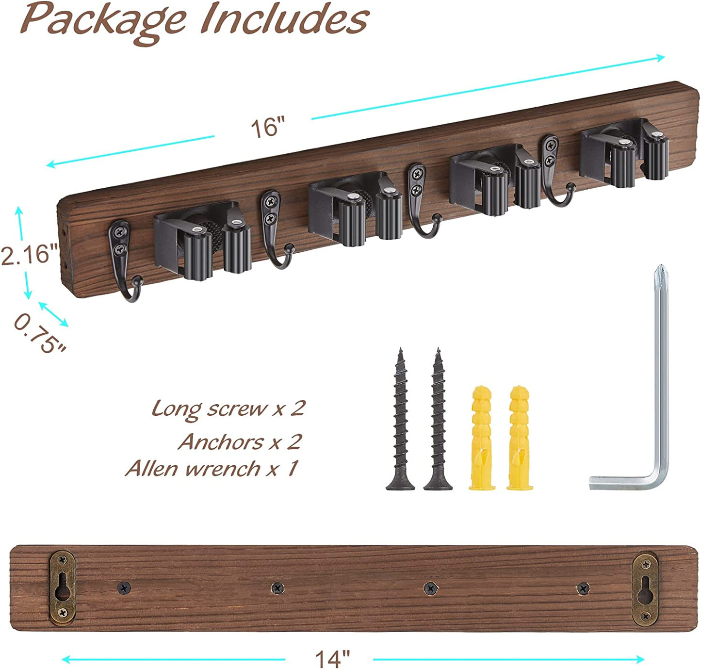 Mop Broom Holder Wall Mount Wood Broom Mop Hanger - Wall Mounted Garden Tool Rack Organizer for Closet Garage Laundry Room Kitchen Decor With 4 Slots & 4 Hooks