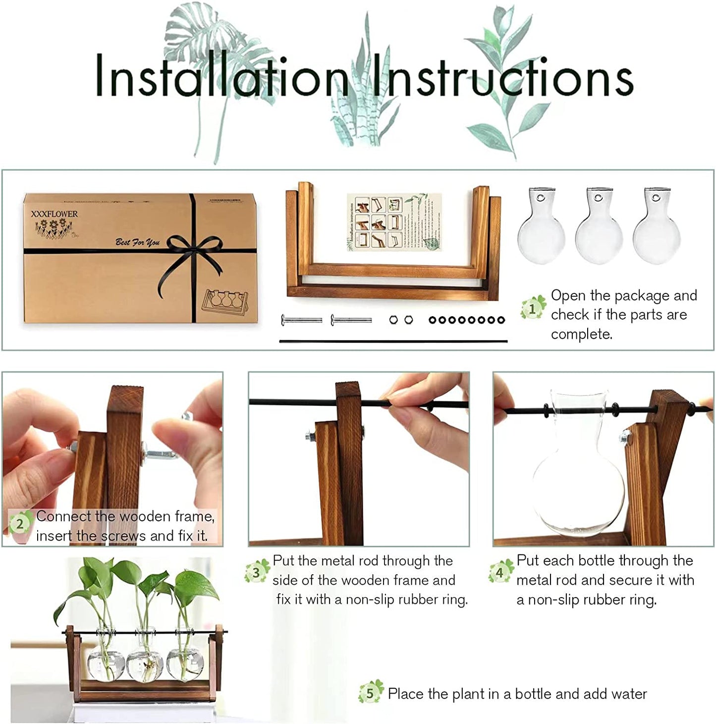 Plant Terrarium with Wooden Stand, Air Planter Bulb Glass Vase Metal Swivel Holder Retro Tabletop for Hydroponics Home Garden Office Decoration - 3 Bulb Vase