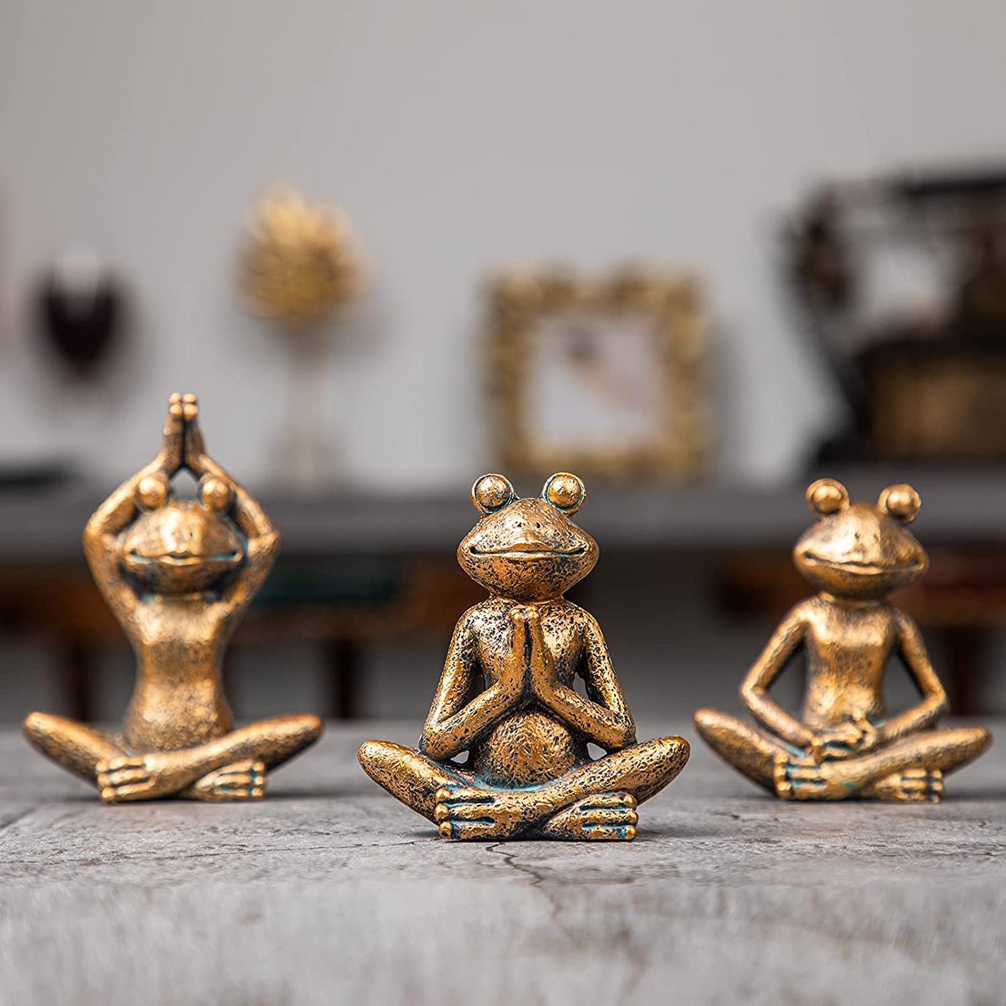 Frog figurines yoga zen decor – frog yoga statues for home decor,set of 3 yoga statues and sculptures meditation decor for shelves,zen decor yoga statue shelf decor accent antique bronze color