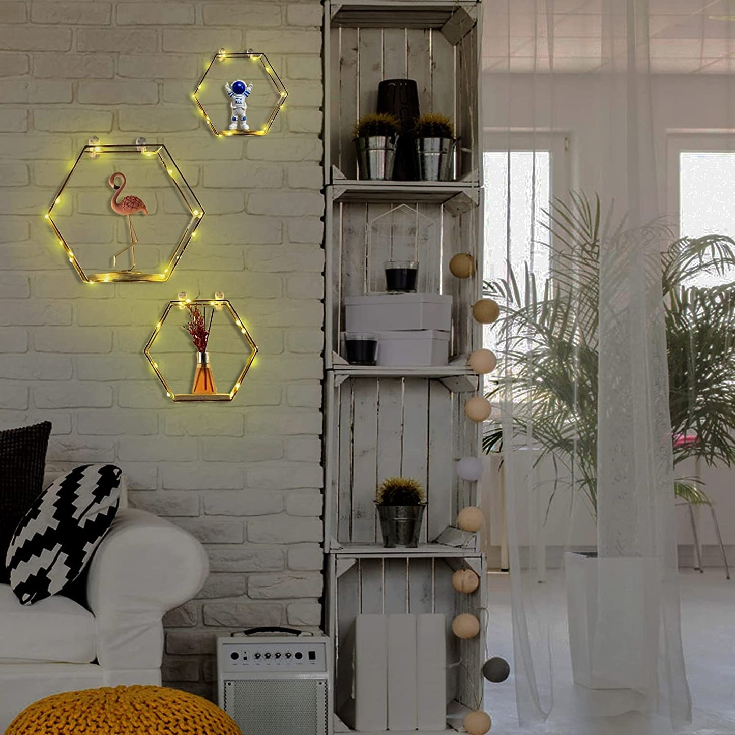 Hexagon Floating Shelves Wall Decor, Gold Metal Wire and Wood Wall Mounted Storage Shelf Home Decorations Art for Bedroom Living Room Kitchen Bathroom, Set of 3 with LED Lights