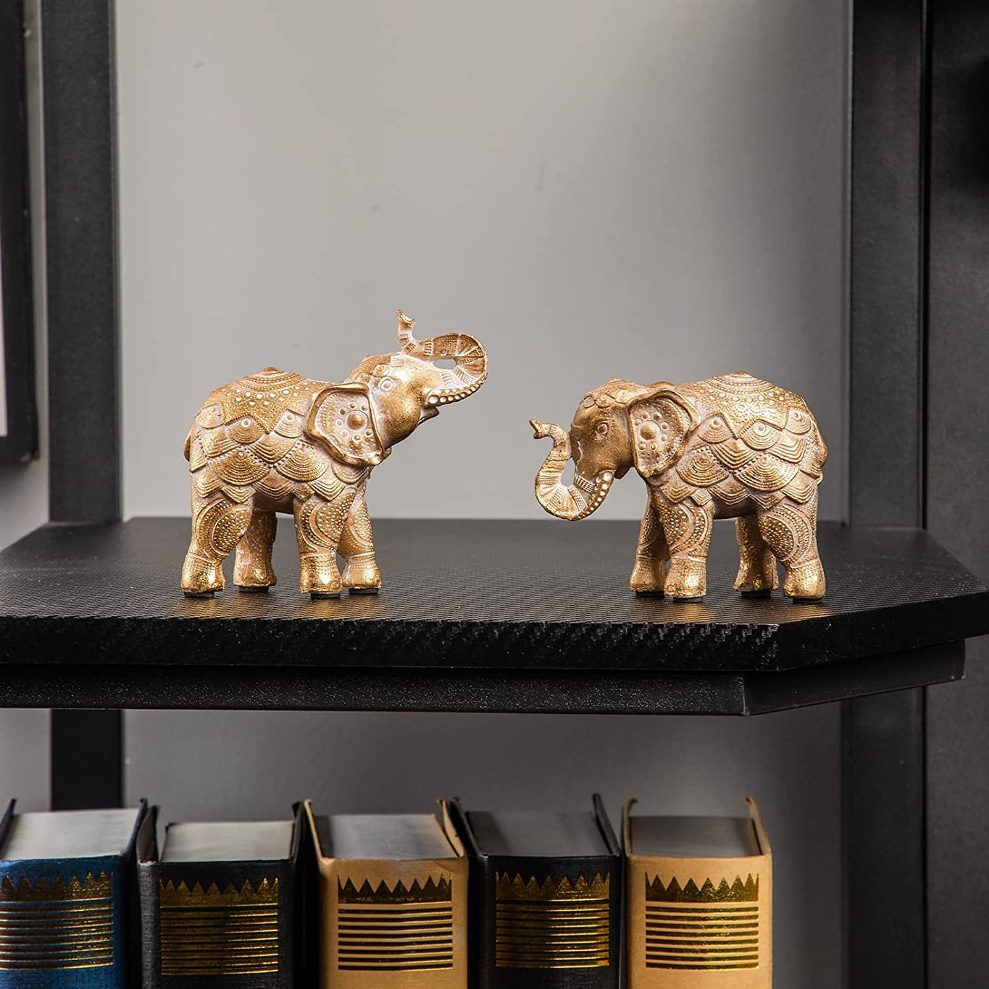 Elephant Statue for Home Decorations,Elephant Figurines with Trunk up,Elephant Decor for Shelf Shelves Table Living Room nightstand,African Elephants Gifts for Woman Small Set of 2 Gold Color Accents