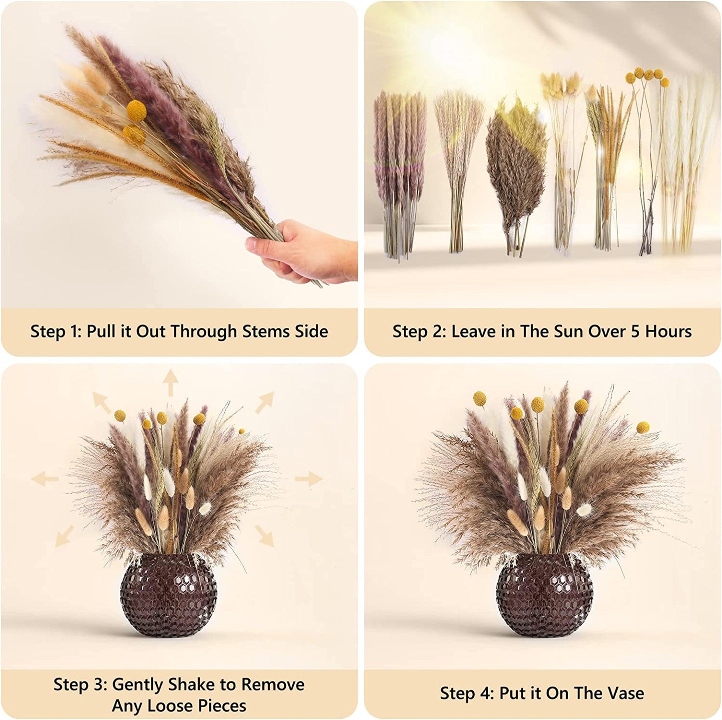 Pampas Grass Bouquet Boho Chic Decor, 105 Stems Dried Plant Bohemian Decoration Dry Flower Bud for Party Arrangement Vase Bedroom Fireplace Wreath Farmhouse Centerpiece Western Fall Neutral Home Decor