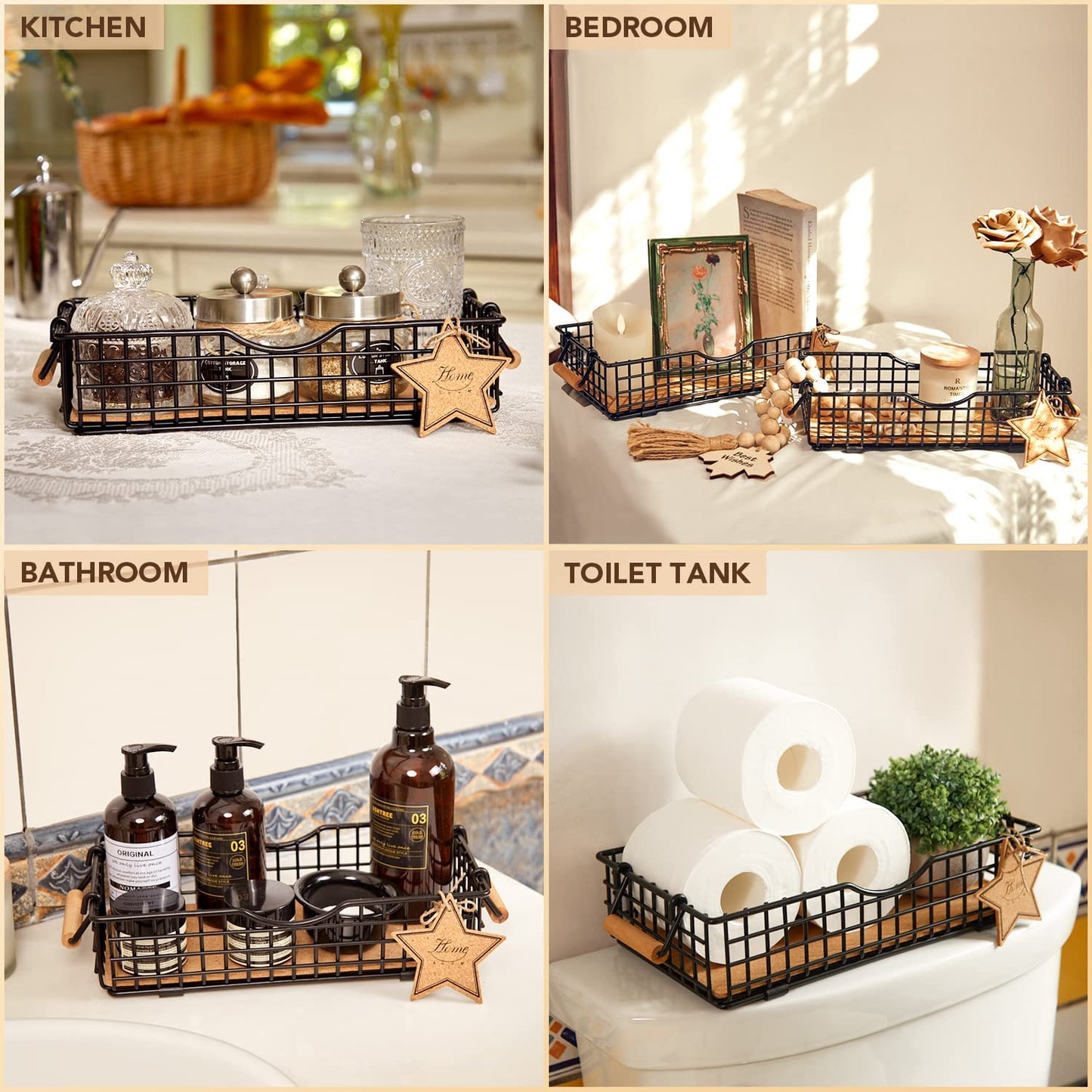 Metal Wire Basket Storage, Bathroom Basket for Organizing, Bathroom Counter Organizer with Wooden Handles, Farmhouse Bathroom Decor Tray, Toilet Paper Basket Storage (Small, Black)