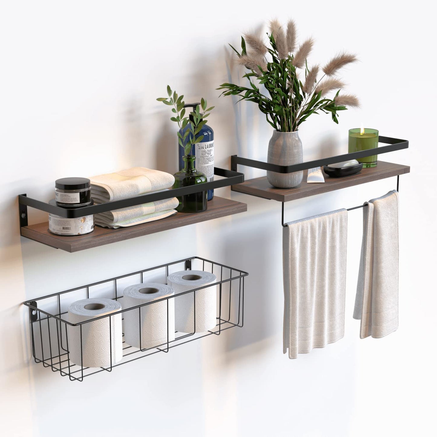 Floating Shelves with Toilet Paper Basket Set, Rustic Wall Shelves with Removable Towel Bar, Farmhouse Floating Bathroom Shelves for Kitchen and Bedroom - Rustic Brown