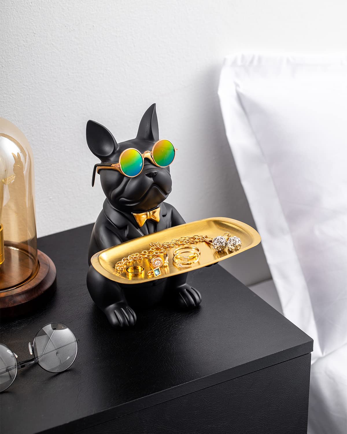 French Bulldog Statue,Resin Bulldog Key Tray for Entryway Decor, Key Holder Organizer for Entryway Table, French Bulldog Gifts Black