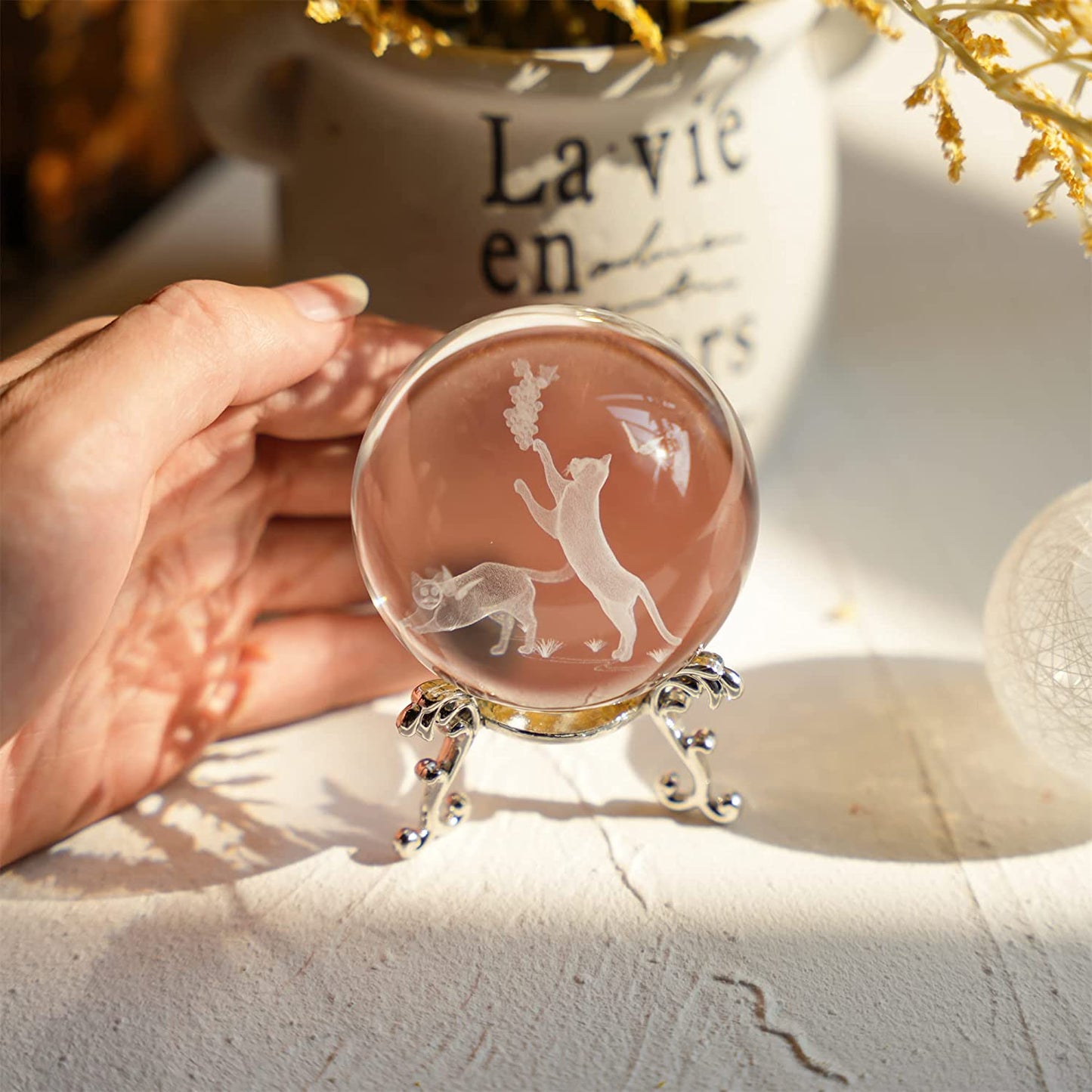 60mm 3D Crystal Ball with Stand Glass Cat Figurine Laser Engraved Cats Sphere Glass Paperweights Crystal 3D Cats with Butterfly Figurine Cat Gift for Cat Lovers Women