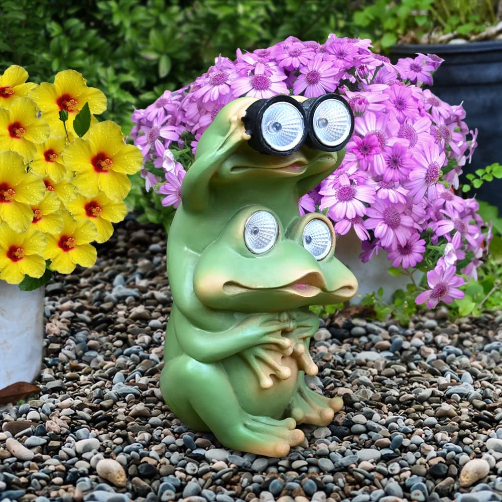 Garden Decor Frog Outdoor Statue – Solar Figurines Funny Cute Animal Sculptures Porch Outside Decorations for Yard Lawn Patio Ornaments Waterproof Gifts
