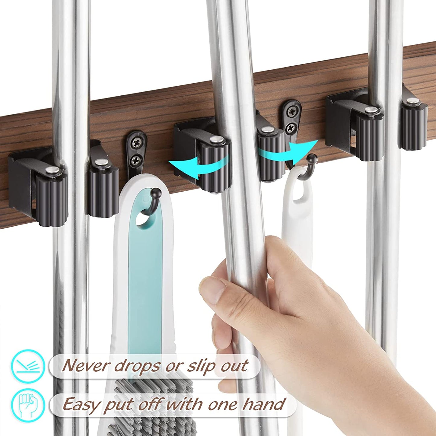 Mop Broom Holder Wall Mount Wood Broom Mop Hanger - Wall Mounted Garden Tool Rack Organizer for Closet Garage Laundry Room Kitchen Decor With 4 Slots & 4 Hooks