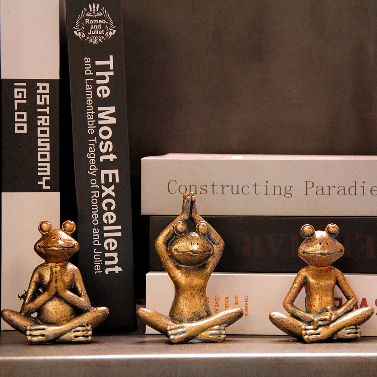 Frog figurines yoga zen decor – frog yoga statues for home decor,set of 3 yoga statues and sculptures meditation decor for shelves,zen decor yoga statue shelf decor accent antique bronze color