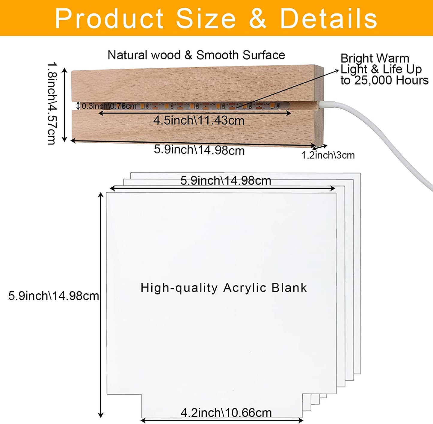 Pack of 4 LED Wooden Display Base with Acrylic Sheets -- 6 inch Rectangle LED Light Base Acrylic Blanks Display Stand Pedestal Warm Lights for Office Bar Room Cafe Home Decor