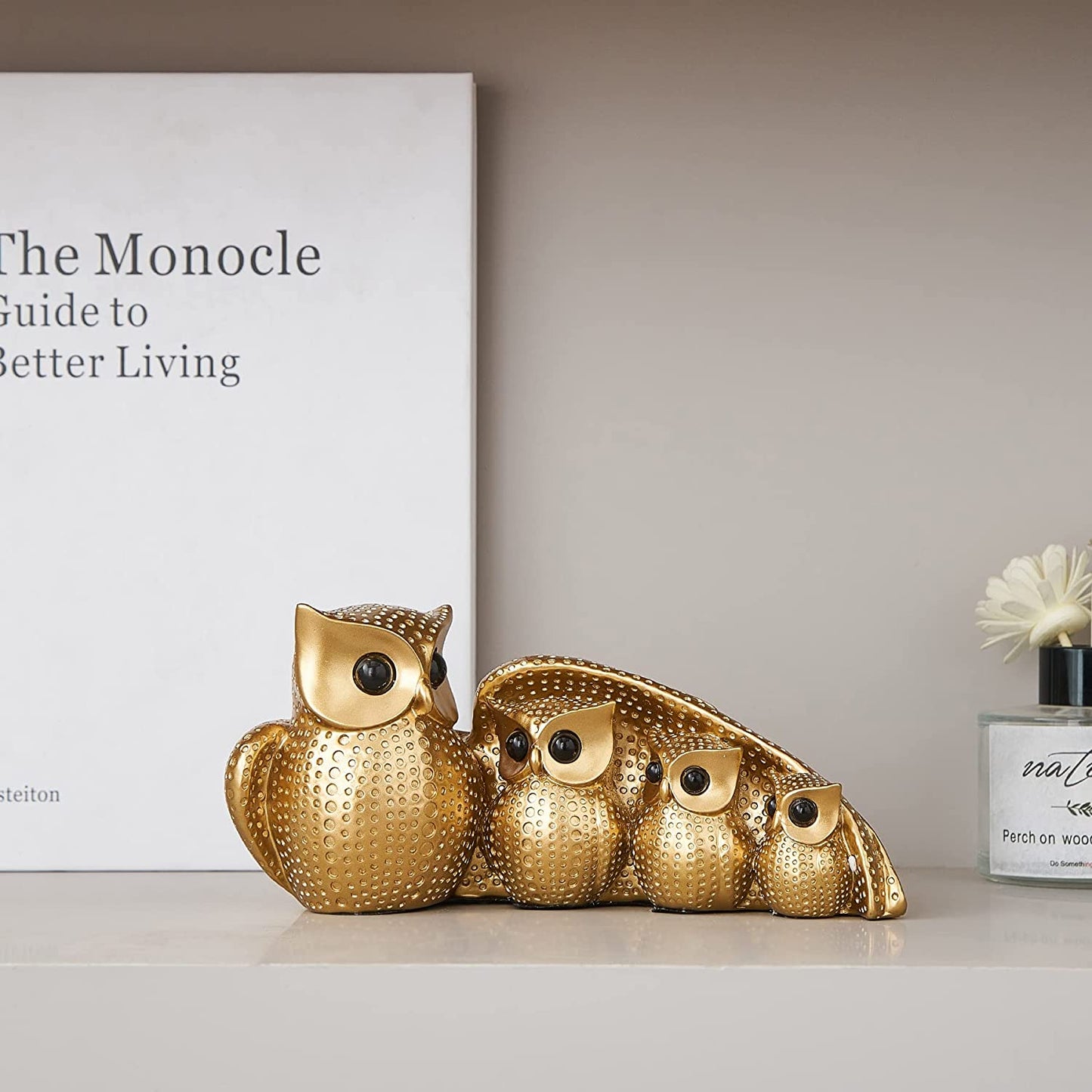 Owl Statue Home Decor, Owl Figurines for Living Room Decor,owls Decor for Unique Home Office, Gold Decor Animal Small Sculpture for Shelf, Modern Bookself TV Stand, Owls Gifts for Women and Owl Lovers