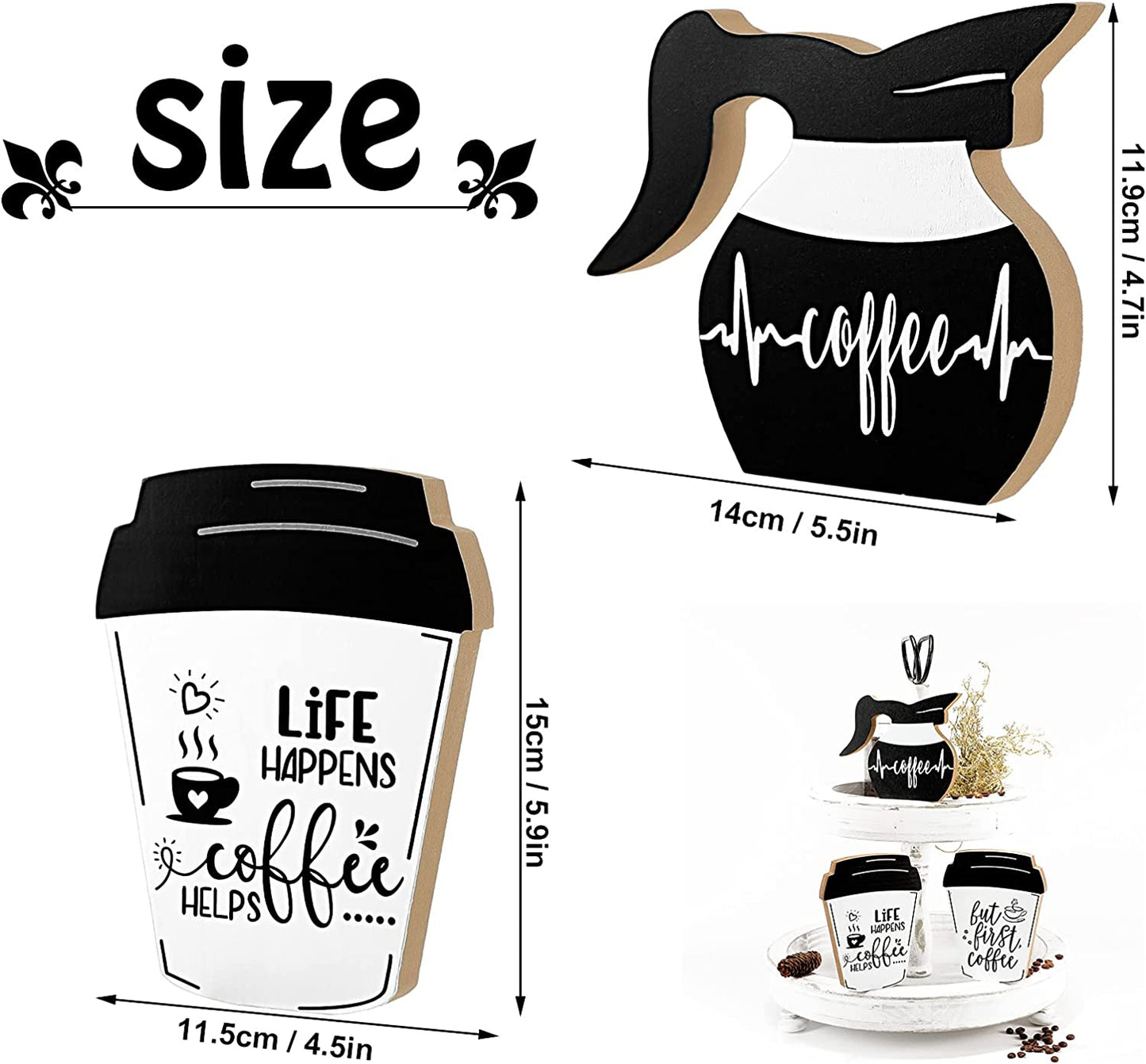 3 Pieces Coffee Bar Decor Signs But First Coffee Wood Plaque Rustic Coffee Bar Tiered Tray Wood Signs Farmhouse Vintage Table Centerpiece Mug Life Coffee Wood Sign for Home Coffee Bar (Cute Style)