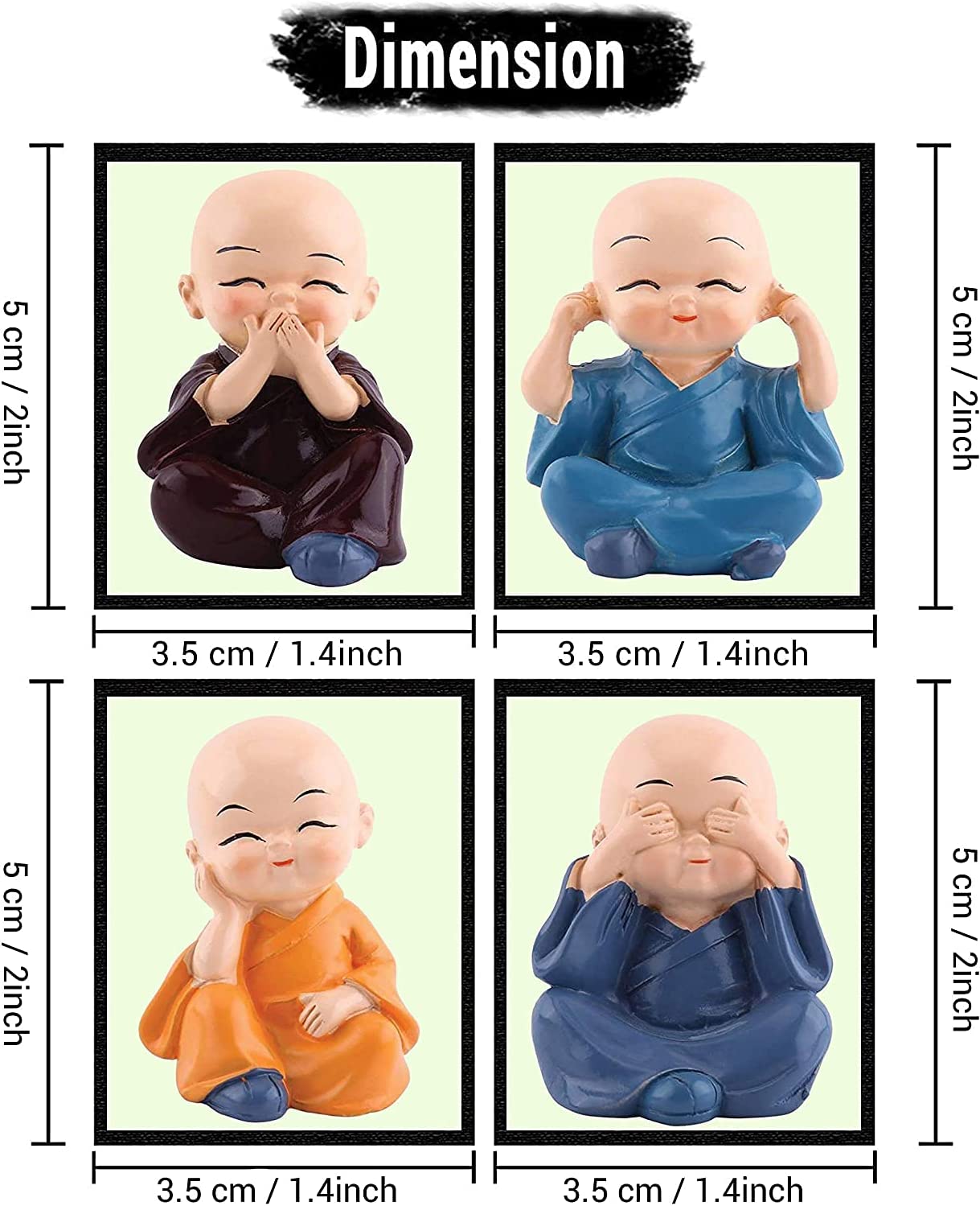 Set of 4 Buddha Monk Statues Miniature Figurines Showpiece for Wall Shelf, Table Desktop, Car Dashboard Decoration, Home, Office Decor