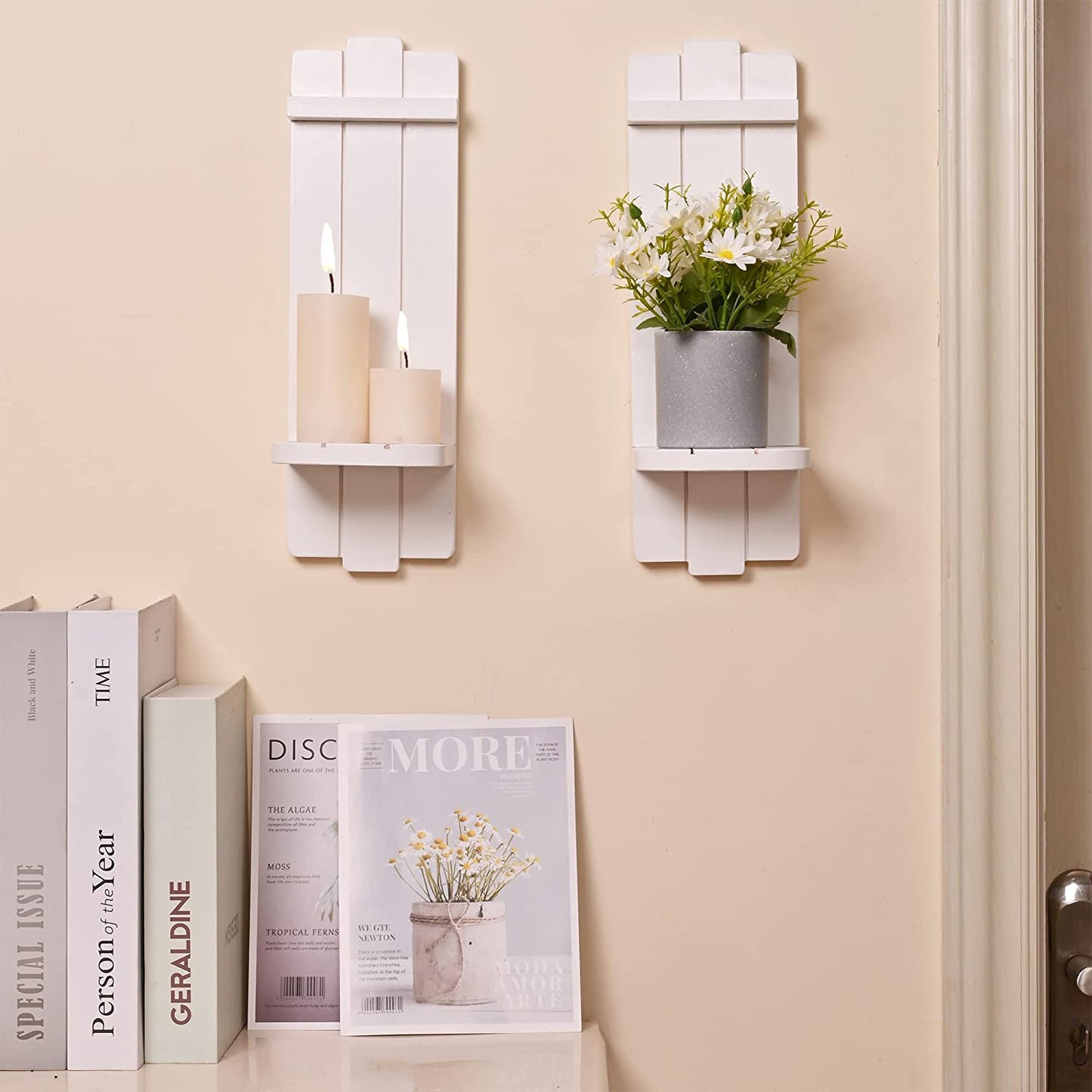 Wall Decor Set of 2, Wall Candle Holder Rustic Home Decor, Farmhouse Wall Art Floating Candle Sconces Shelf White Wall Decorations for Living Room, Dining Room, Bedroom, Bathroom