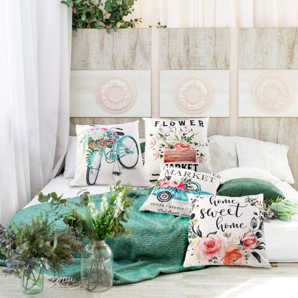 Spring Pillow Covers 18x18 Inch Set of 4 Fresh Flower Market Spring Decorations Throw Farmhouse Pillowcase Linen Cushion Case for Spring Home Décor