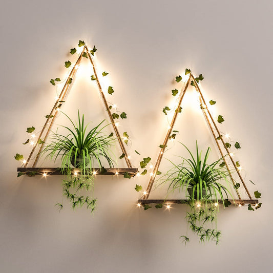 LED-Strip Wall Hanging Shelves Set of 2, Hanging Plant Shelf, Macrame Shelf for Bedroom Bathroom Living Room Kitchen, Wood Shelves for Wall Décor