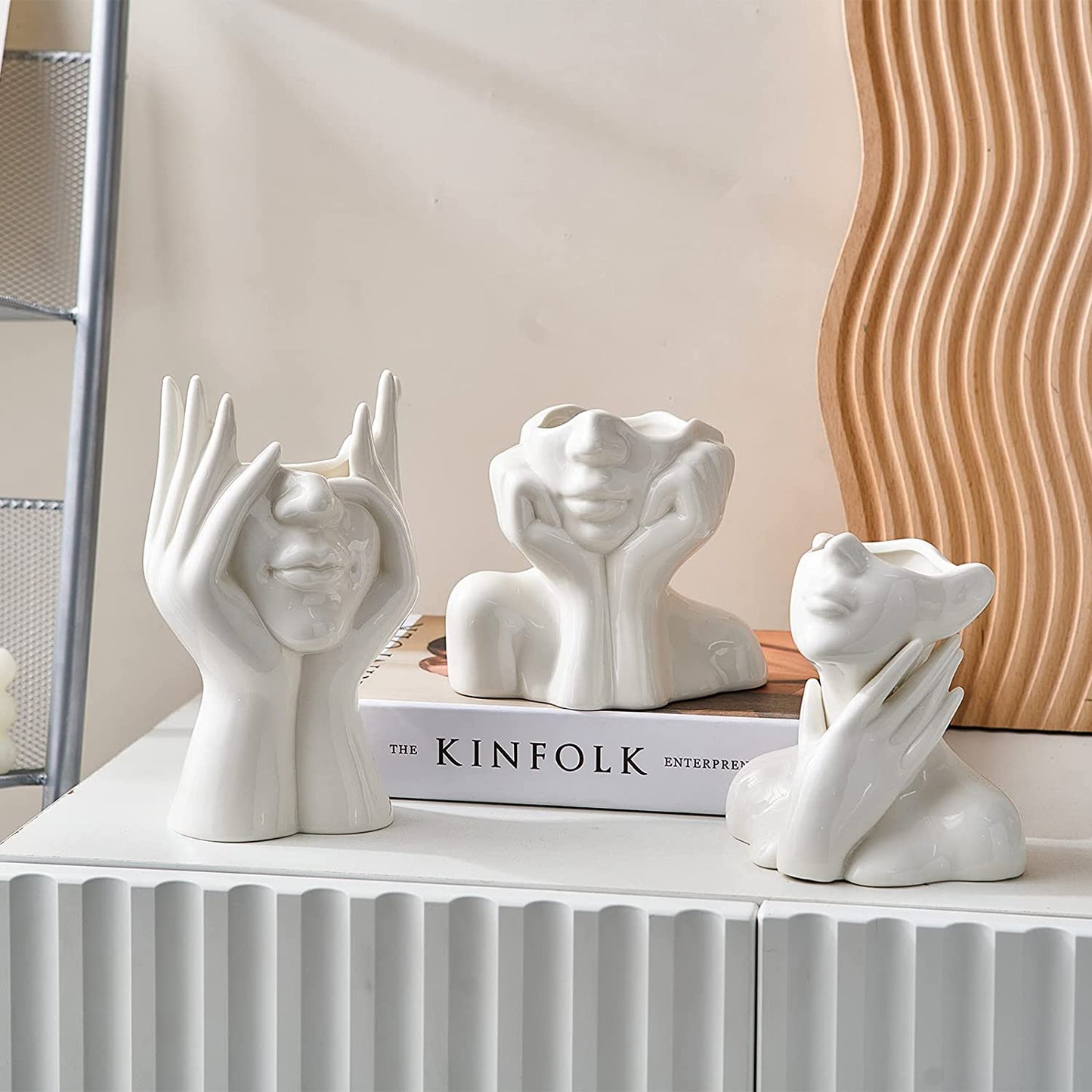 Ceramic Face Vase, White Flower Vase for Decor, 5.3" W x 4.7" H Modern Decorative Vase Centerpiece for Table Shelf Living Room Office Bedroom