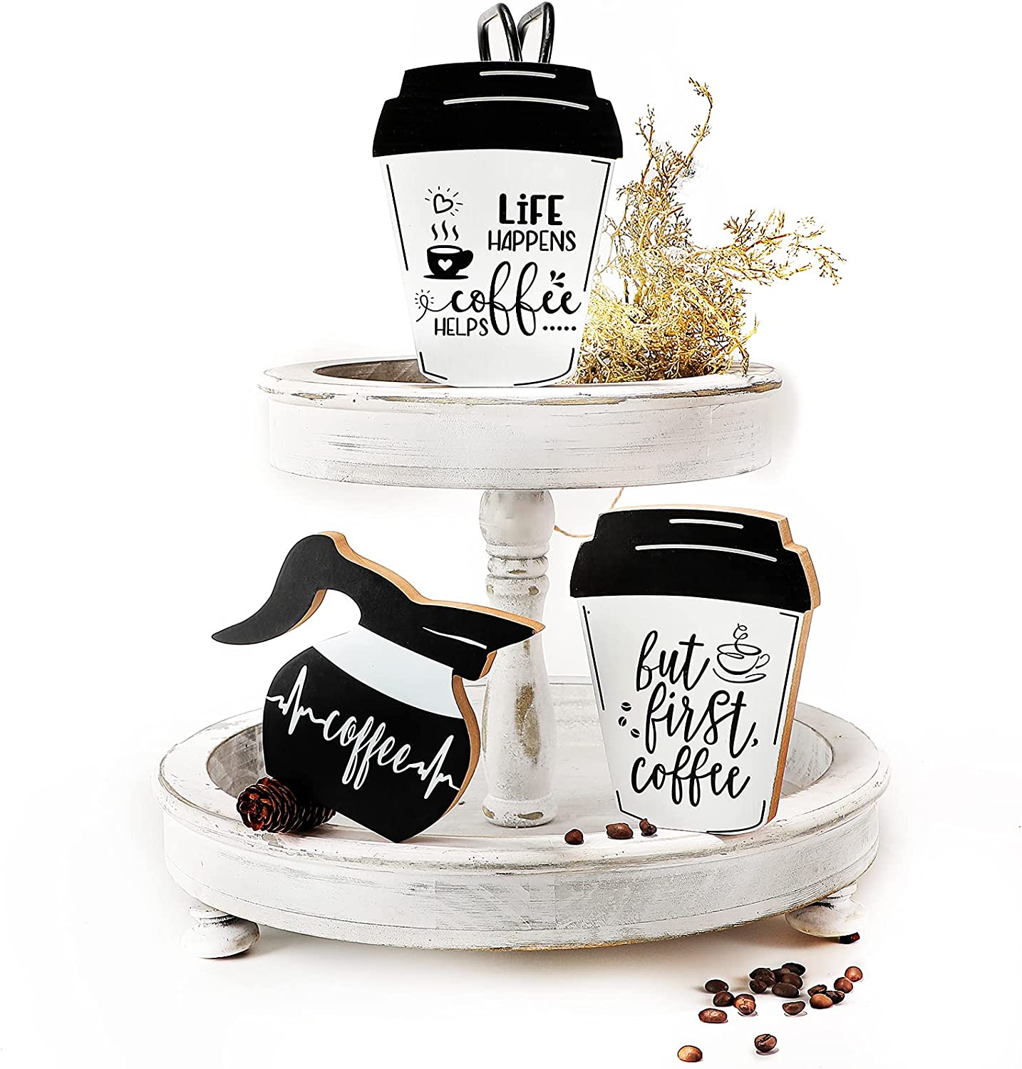 3 Pieces Coffee Bar Decor Signs But First Coffee Wood Plaque Rustic Coffee Bar Tiered Tray Wood Signs Farmhouse Vintage Table Centerpiece Mug Life Coffee Wood Sign for Home Coffee Bar (Cute Style)