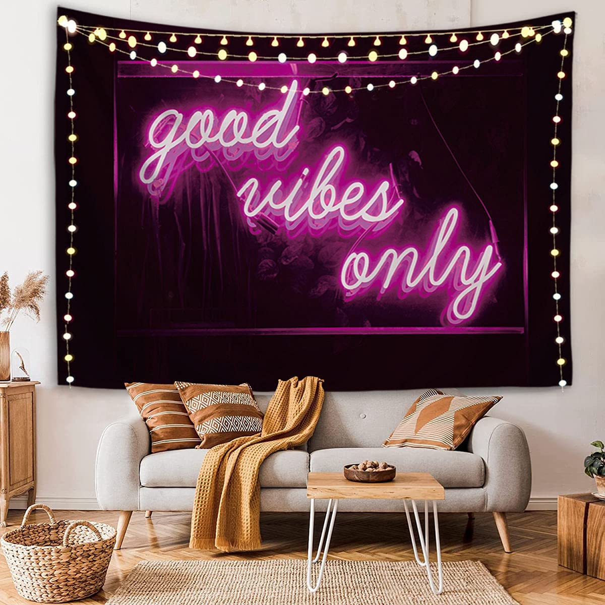 Decorative Wall Tapestry, Good Vibes Only Words in Neon Light for Bedroom Living Room Outdoor 50 X 60 Inches (Pink)