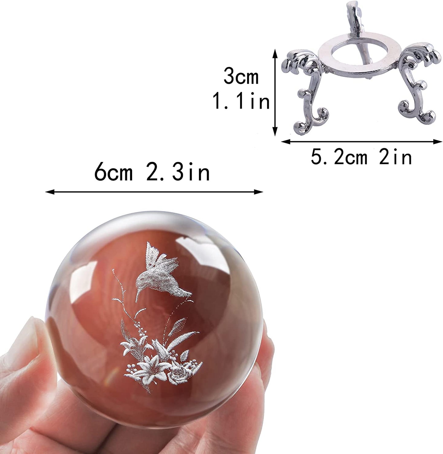 3D Hummingbird Crystal Ball Paperweight 60mm(2.3Inch) Laser Engraved Glass Sphere Display Globe Meditation Ball Home Decor with Metal Stand