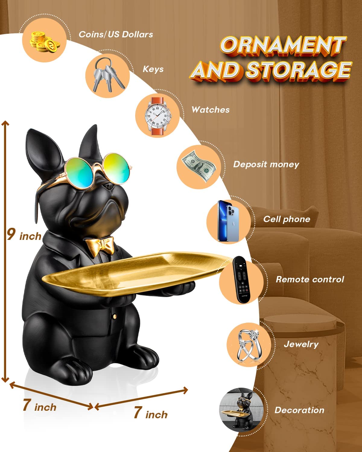 French Bulldog Statue,Resin Bulldog Key Tray for Entryway Decor, Key Holder Organizer for Entryway Table, French Bulldog Gifts Black