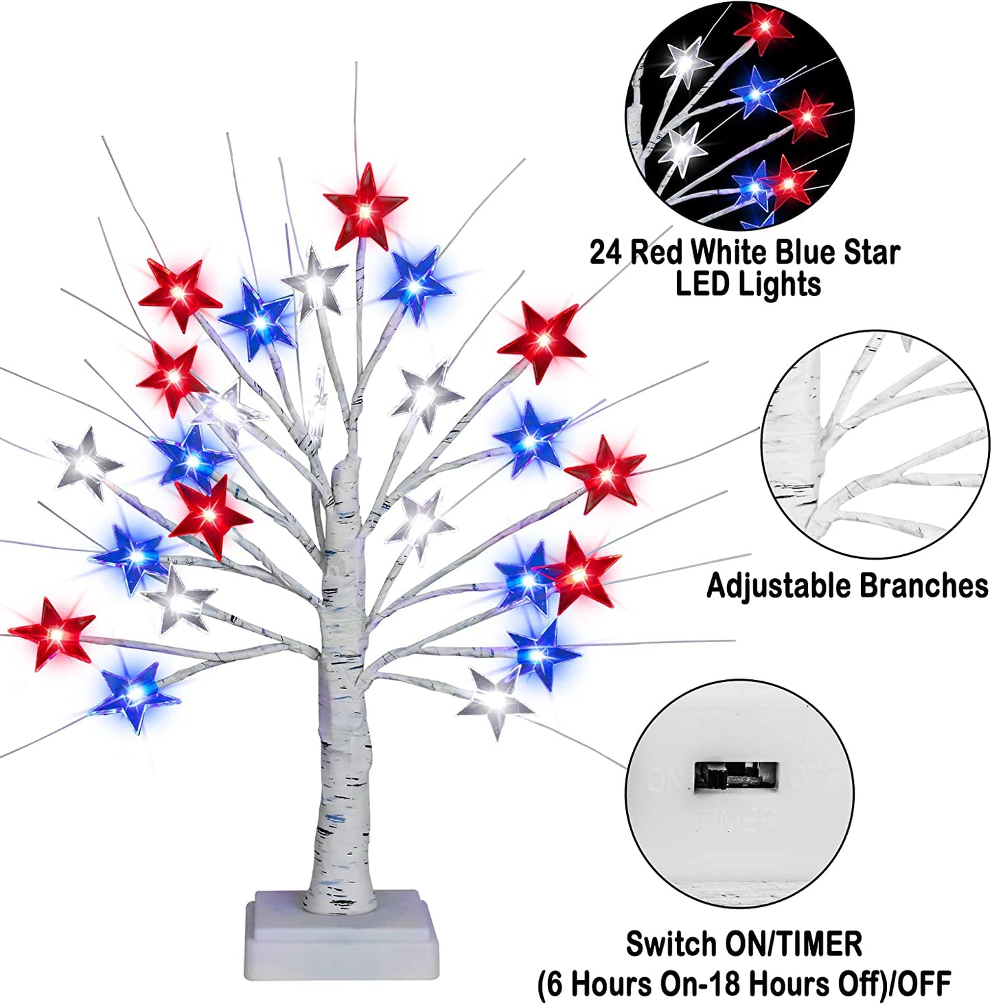 2 Pack 18 Inch 4th of July Patriotic Decorations Tree Light with 24 LED Red White Blue Star Lights, USB/Battery Operated Fourth of July Independence Day Lighted Tree for Home Table Party Decor