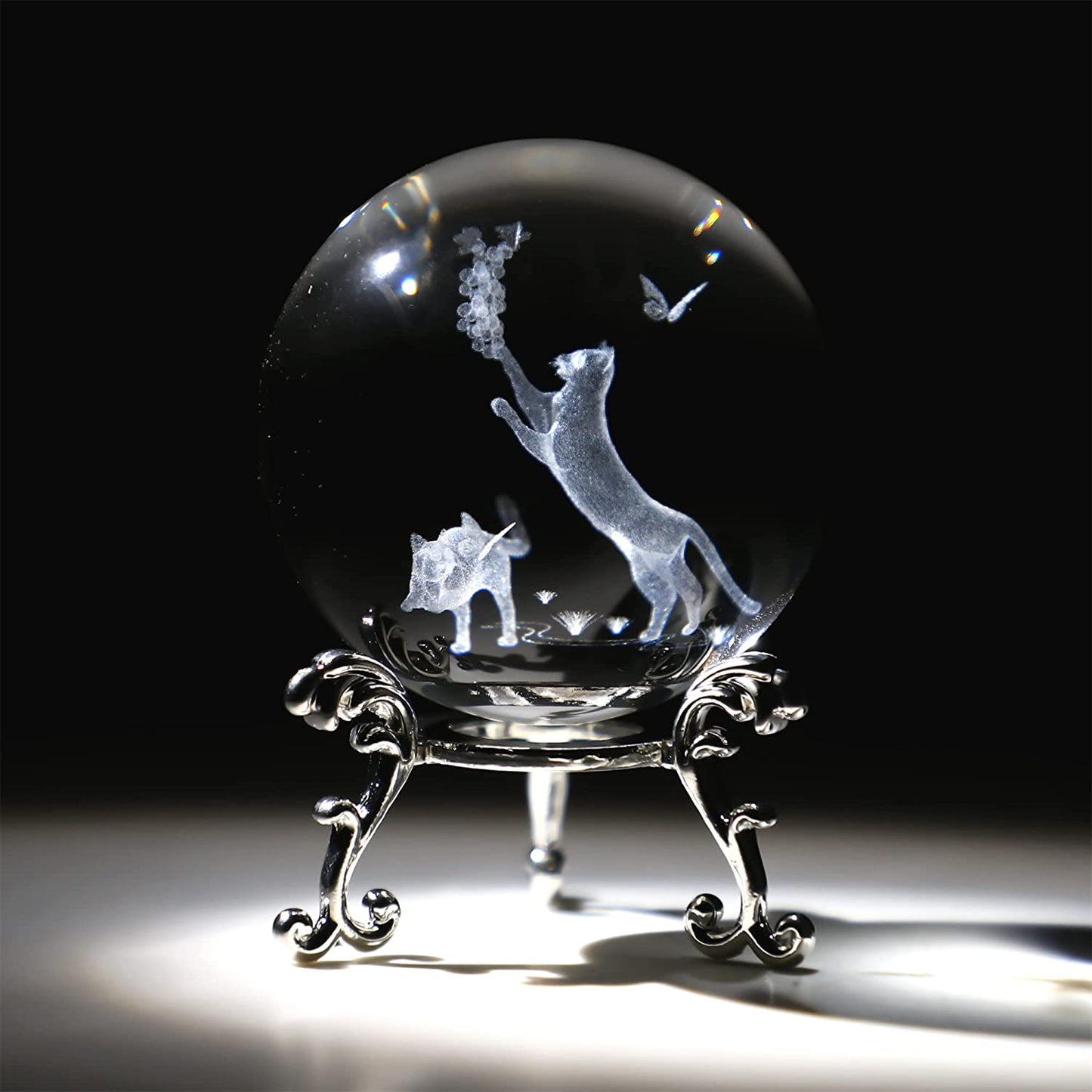 60mm 3D Crystal Ball with Stand Glass Cat Figurine Laser Engraved Cats Sphere Glass Paperweights Crystal 3D Cats with Butterfly Figurine Cat Gift for Cat Lovers Women