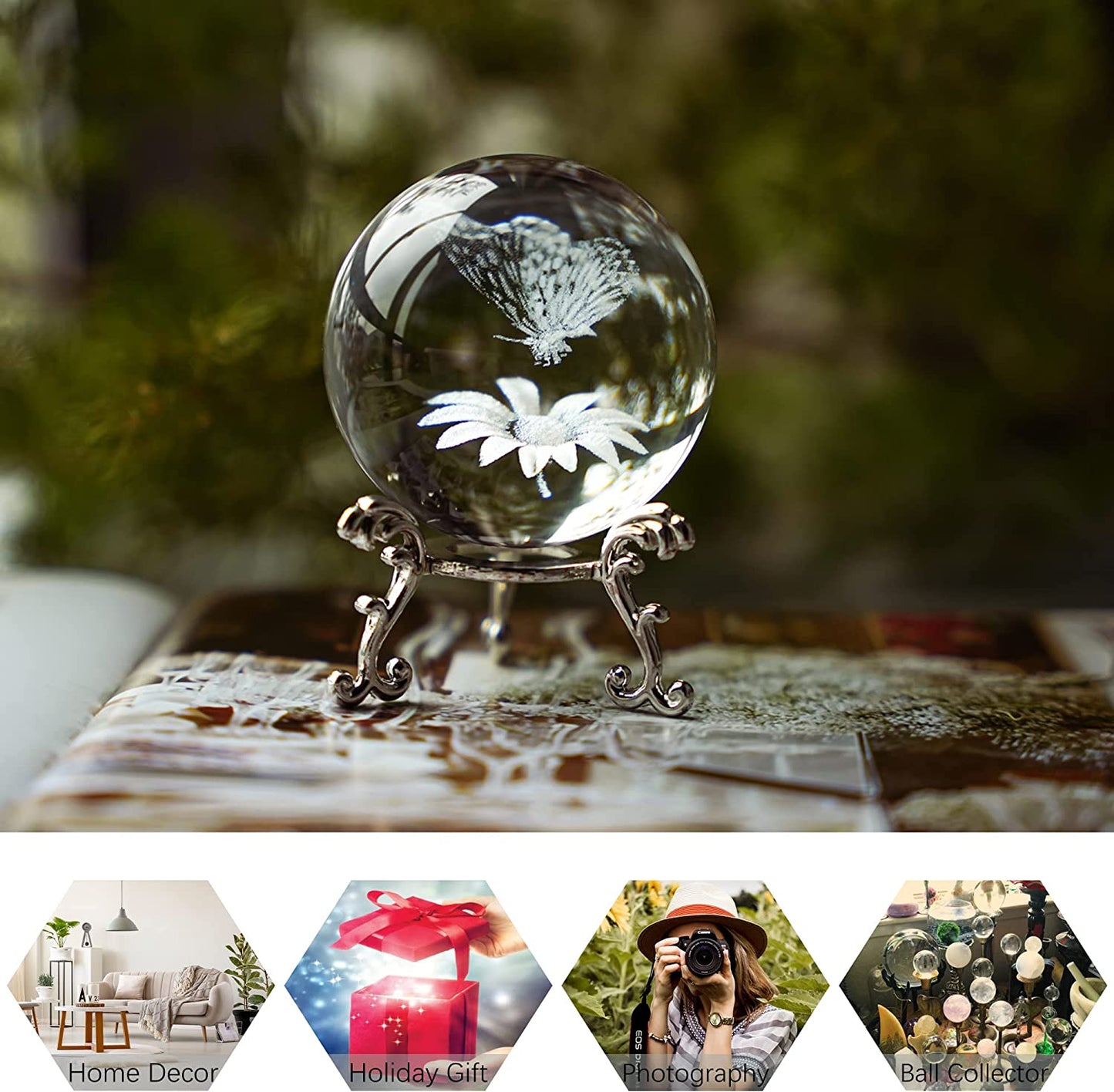 3D Laser Crystal Butterfly Flower Figurine Crystal Decorative Ball Paperweight with Silver-Plated Flowering Stand Glass Sphere Home Decor Gift (60mm,2.4inch)