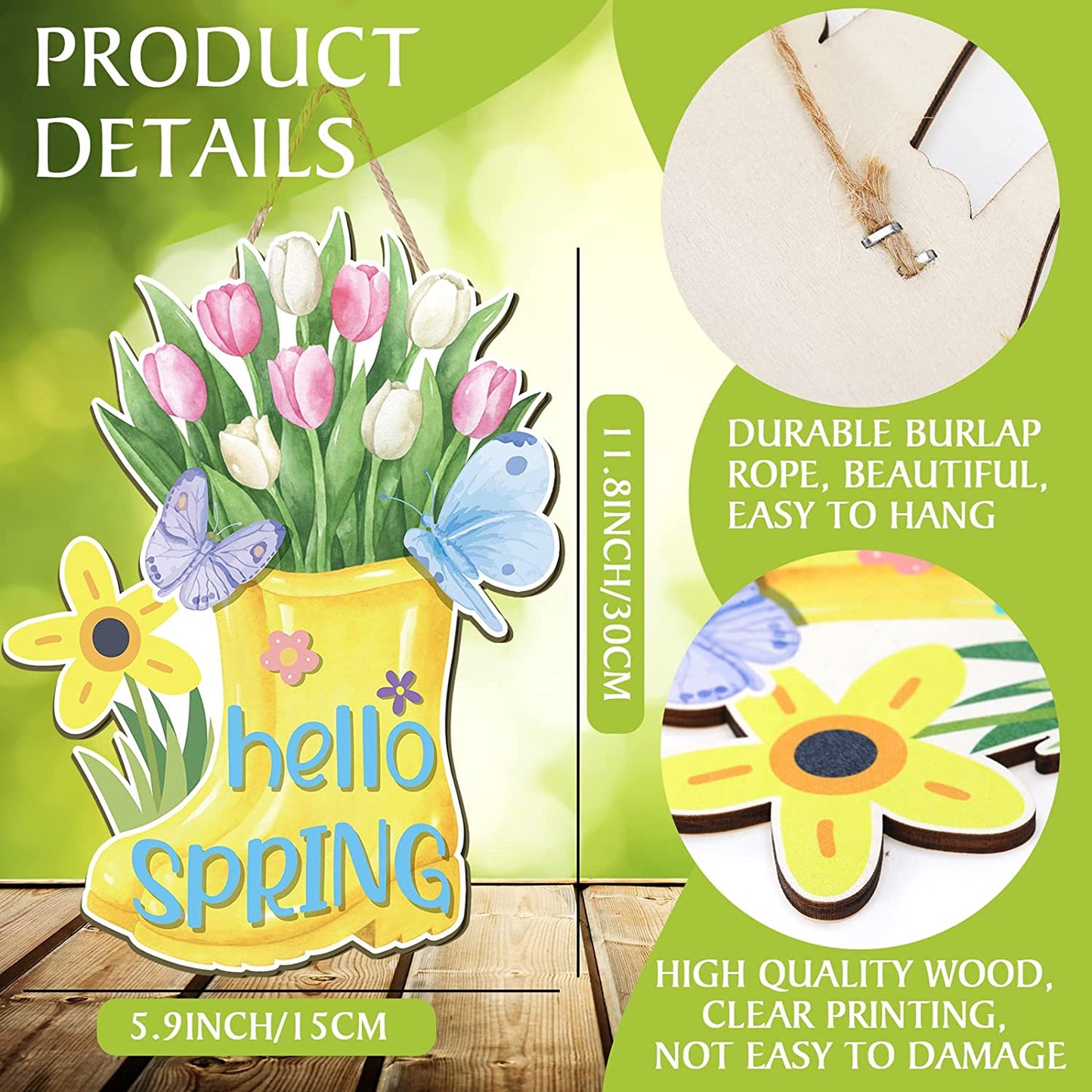 Hello Spring Door Sign Colorful Tulip Flowers Spring Decor Sign Hanging Door Signs Rustic Wall Decor Farmhouse Wood Hanging Plaque for Home Farmhouse Home (Boots)