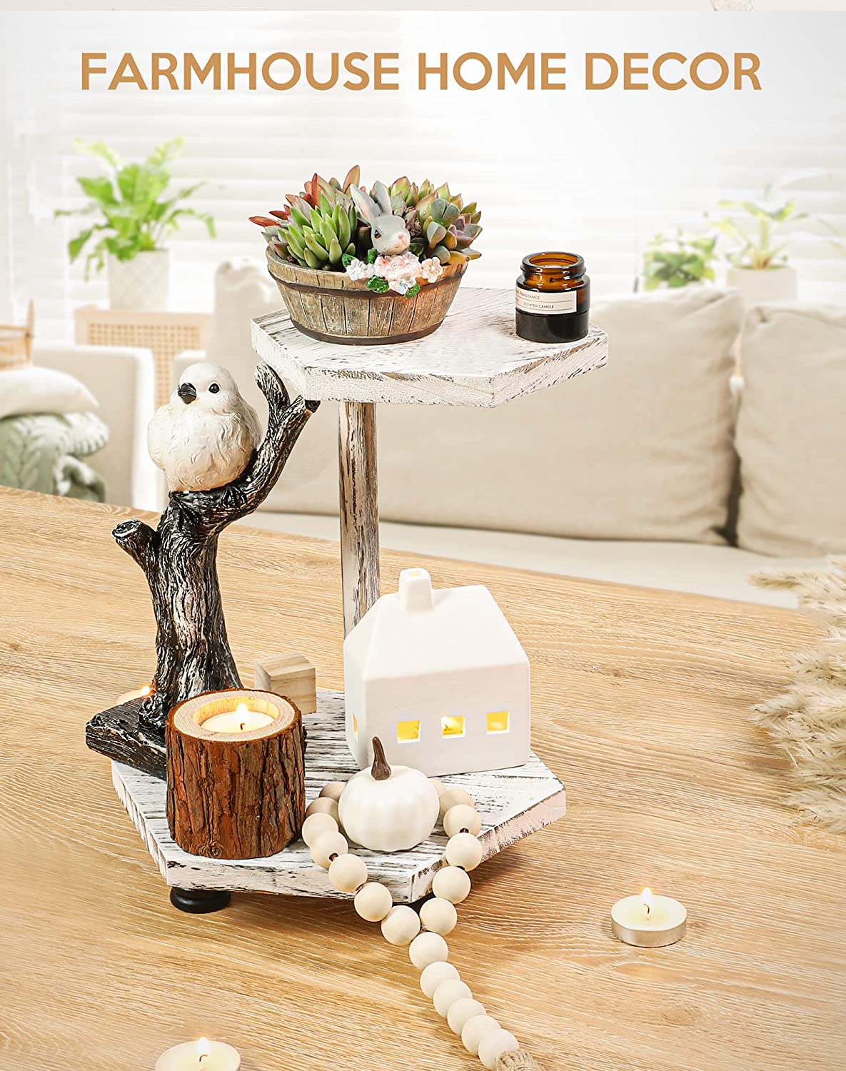 Hexagonal Wood Riser for Display, 2-Tier Farmhouse Wood Pedestal Stand for Kitchen Bathroom Counter Decor, Decorative Tray for Soap Dispenser, Candle and Plant