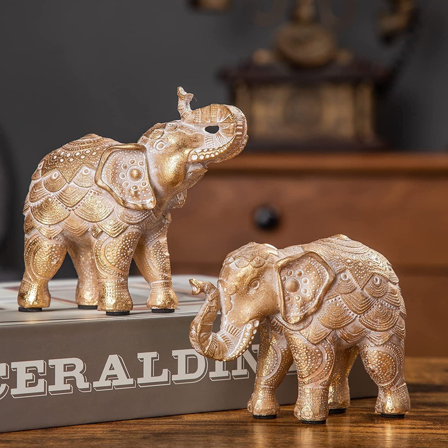 Elephant Statue for Home Decorations,Elephant Figurines with Trunk up,Elephant Decor for Shelf Shelves Table Living Room nightstand,African Elephants Gifts for Woman Small Set of 2 Gold Color Accents