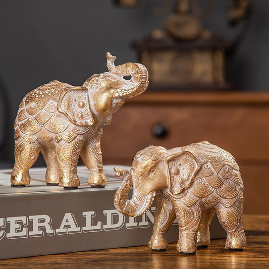 Elephant Statue for Home Decorations,Elephant Figurines with Trunk up,Elephant Decor for Shelf Shelves Table Living Room nightstand,African Elephants Gifts for Woman Small Set of 2 Gold Color Accents