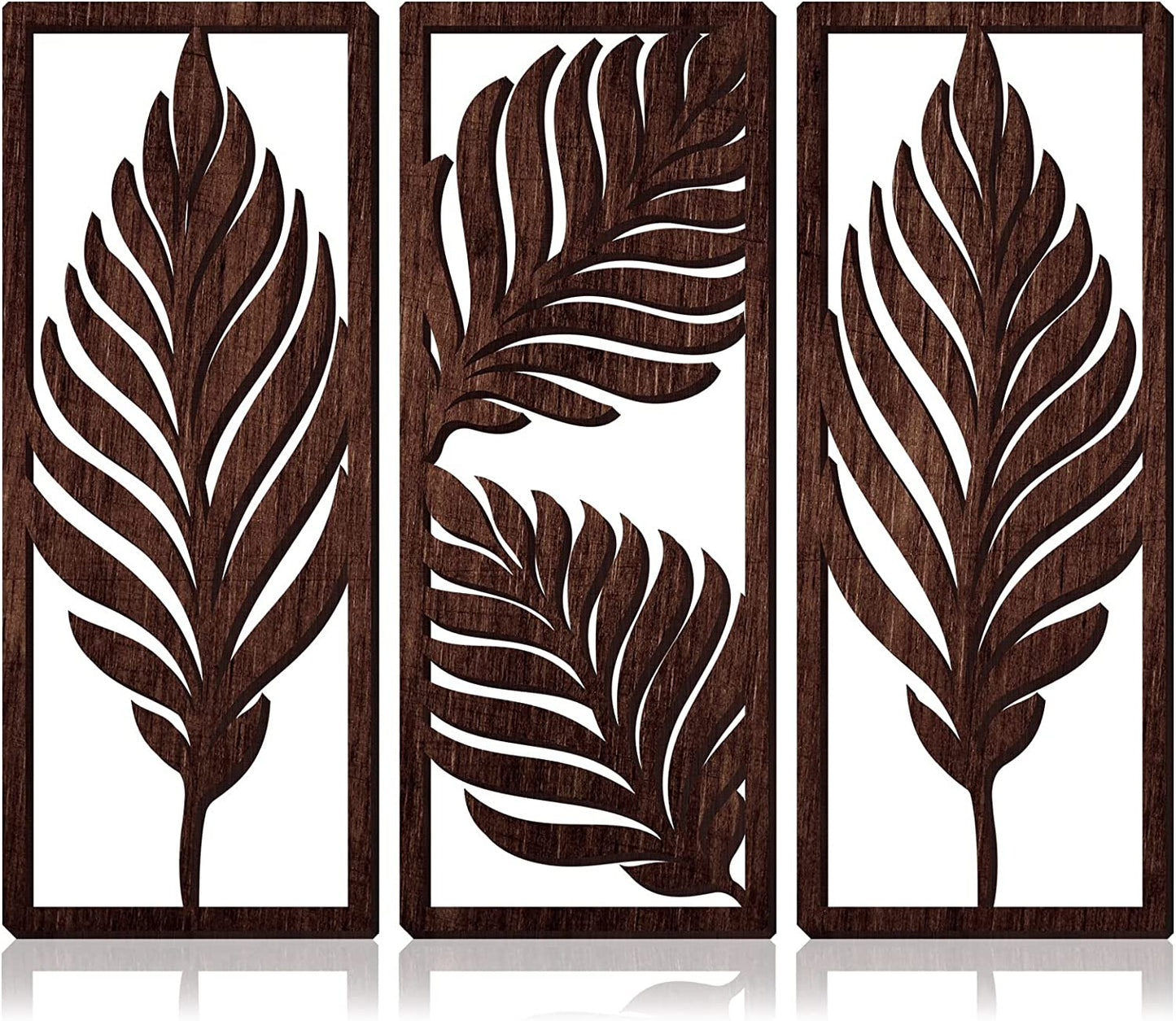 3 Pcs Boho Wooden Art Wall Decor Leaf Sign Wall Accent Rustic Palm Leaf Wood Art Wall Hanging Sculpture Vintage Tropical Plant Wood Wall Plaque for Home Bathroom Living Room Office Decoration (Brown)