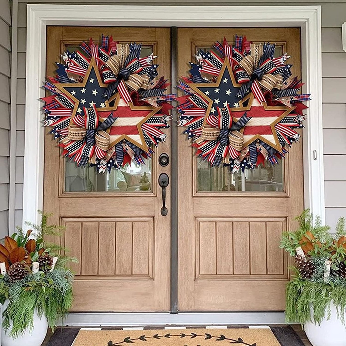 2023New Summer Patriotic Independence Day Wreath, Memorial Day Wreaths for Front Door, Festival Celebration Farmhouse Wreaths, All Season Welcome Sign Door Hangers (Wreath-A)