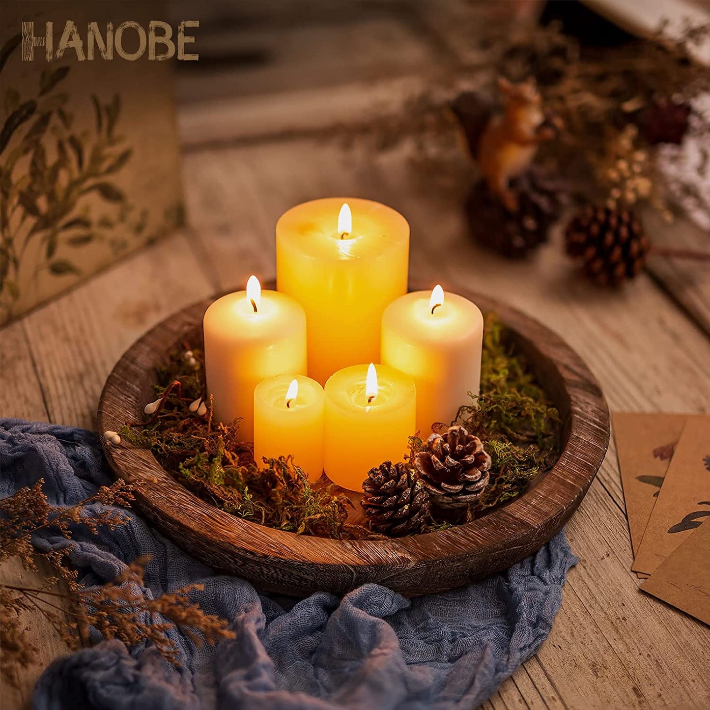 Rustic Wooden Serving Tray - Round Wood Butler Decorative Tray Vintage Centerpiece Candle Holder Trays Farmhouse Ottoman Tray for Kitchen Countertop Home Decor for Coffee Table