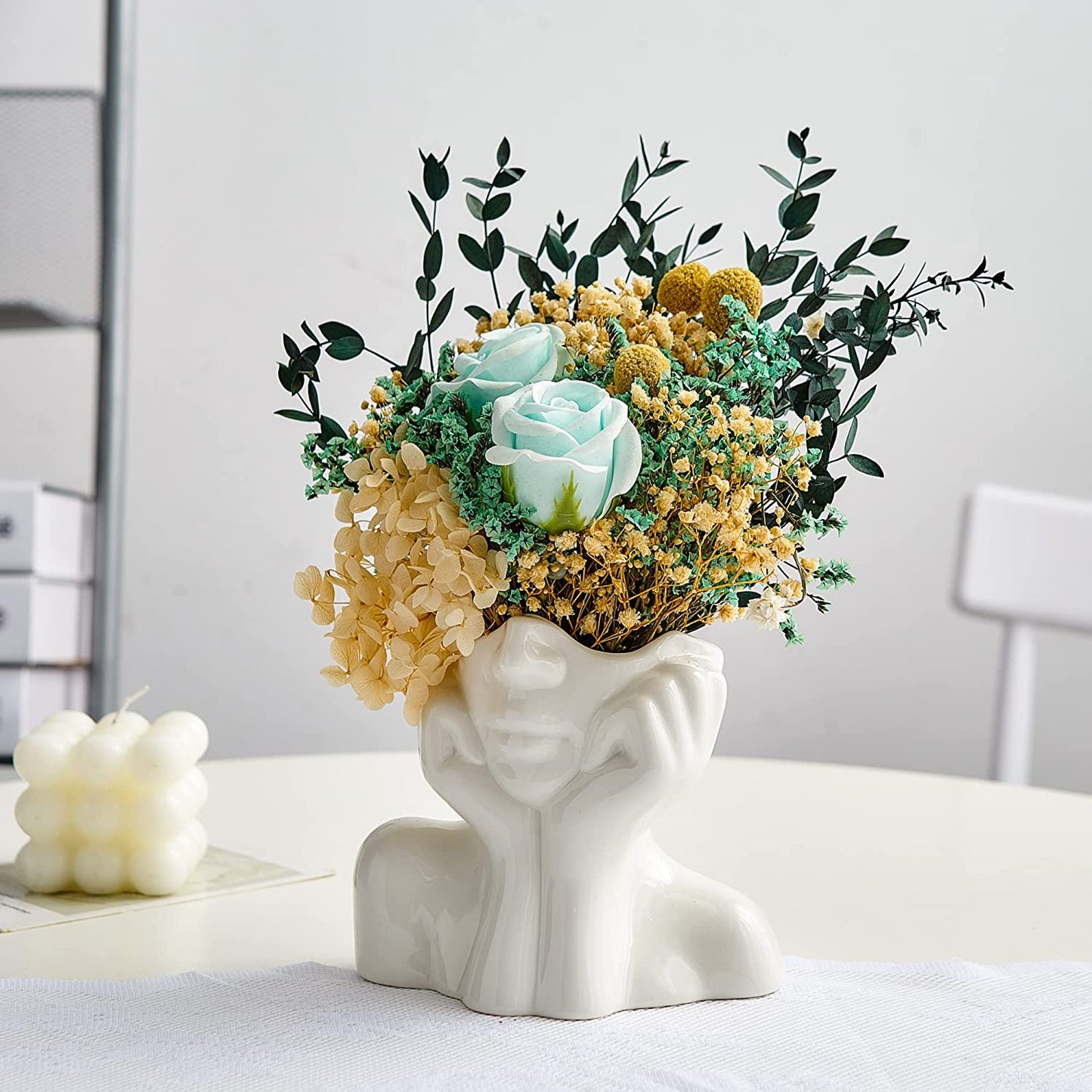 Ceramic Face Vase, White Flower Vase for Decor, 5.3" W x 4.7" H Modern Decorative Vase Centerpiece for Table Shelf Living Room Office Bedroom