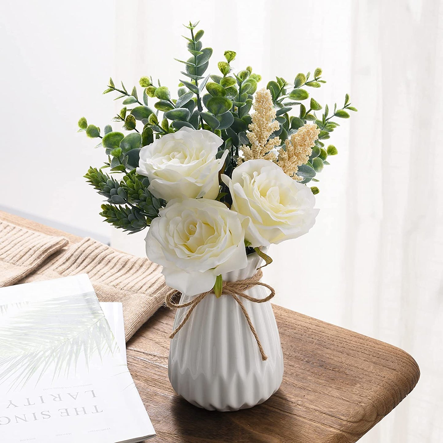 Fake Flowers with Vase, Dining Table Decor, Artificial Flowers White Roses in Vase, Silk Faux Flower Arrangements, Rustic Home Office Centerpiece Decorations, Bathroom Plant Decor
